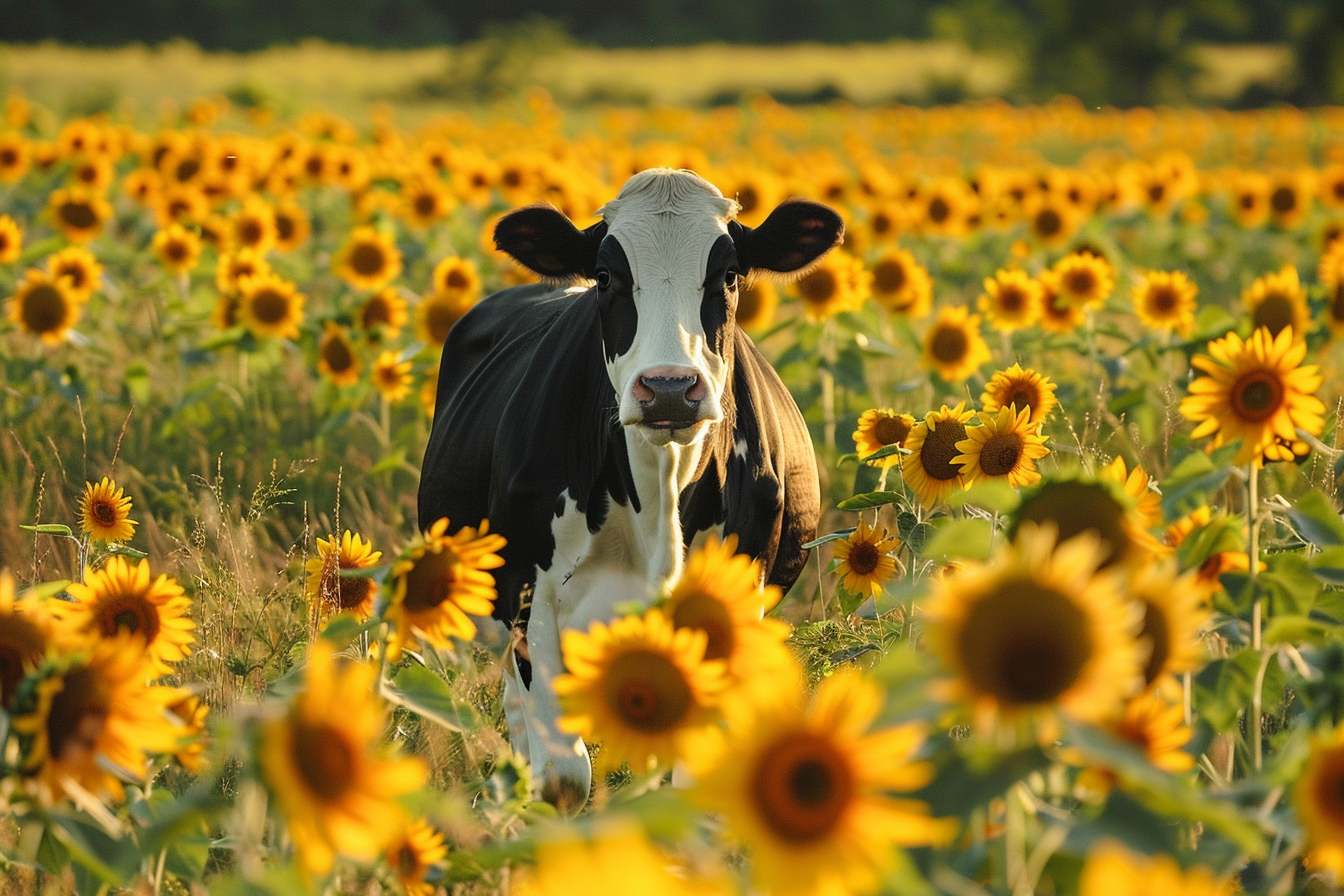 Image gratuite Vache laitière dans champ de tournesols 2