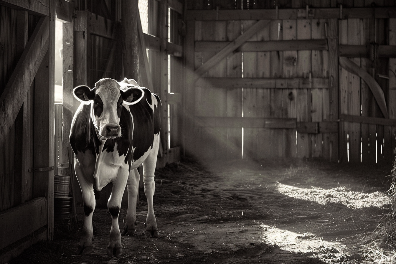 Image gratuite Vache laitière dans grange ensoleillée 1