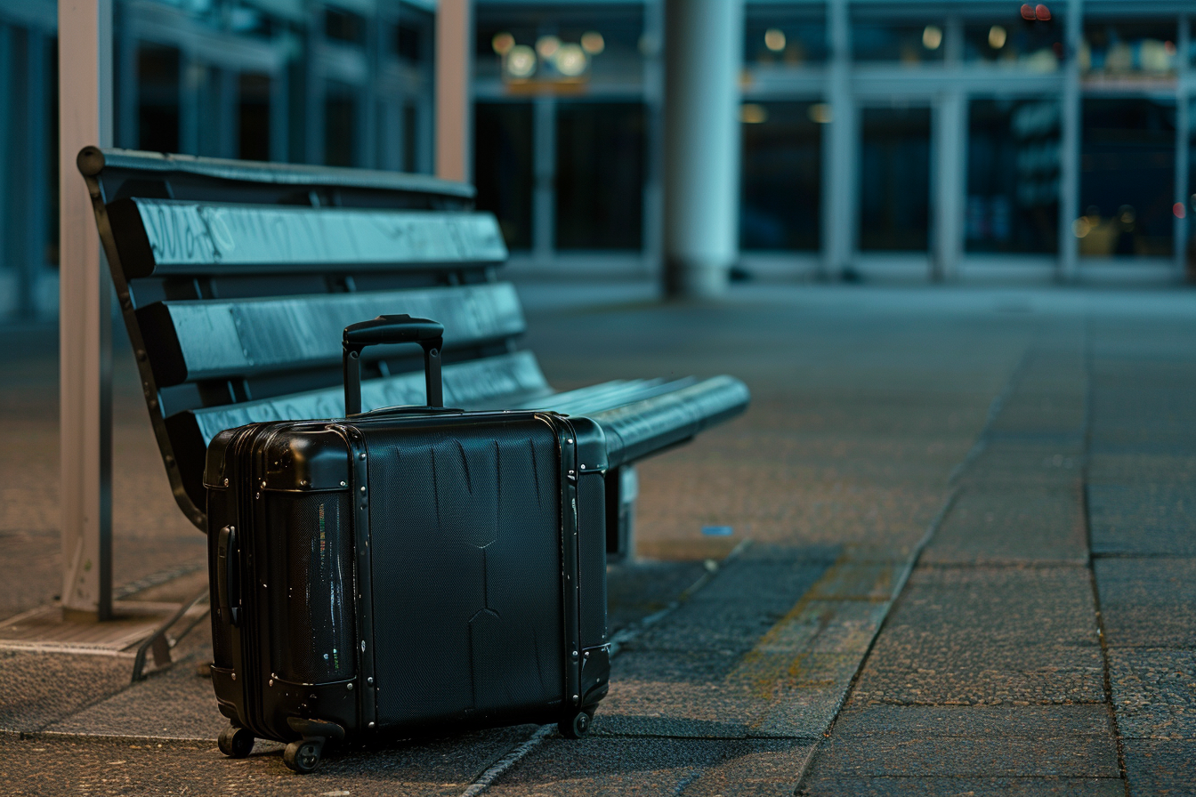 Image gratuite Valise noire rigide abandonnée près d&rsquo;un banc 1