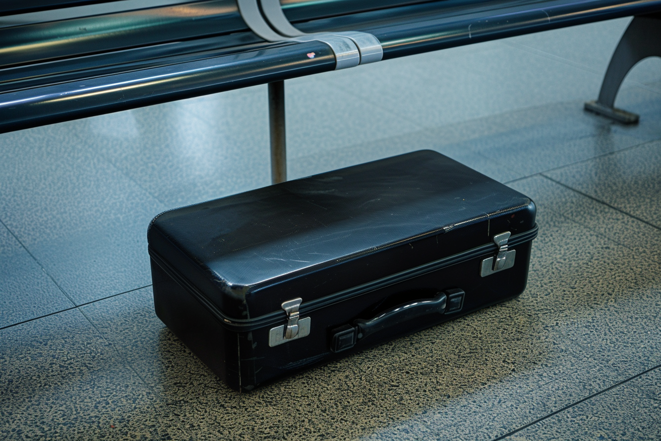 Image gratuite Valise noire rigide abandonnée près d&rsquo;un banc 2