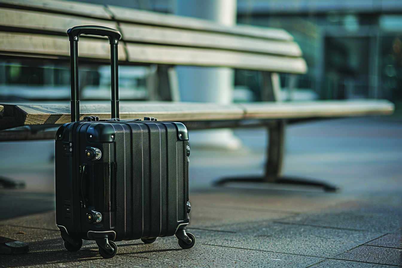 Image gratuite Valise noire rigide abandonnée près d&rsquo;un banc 3