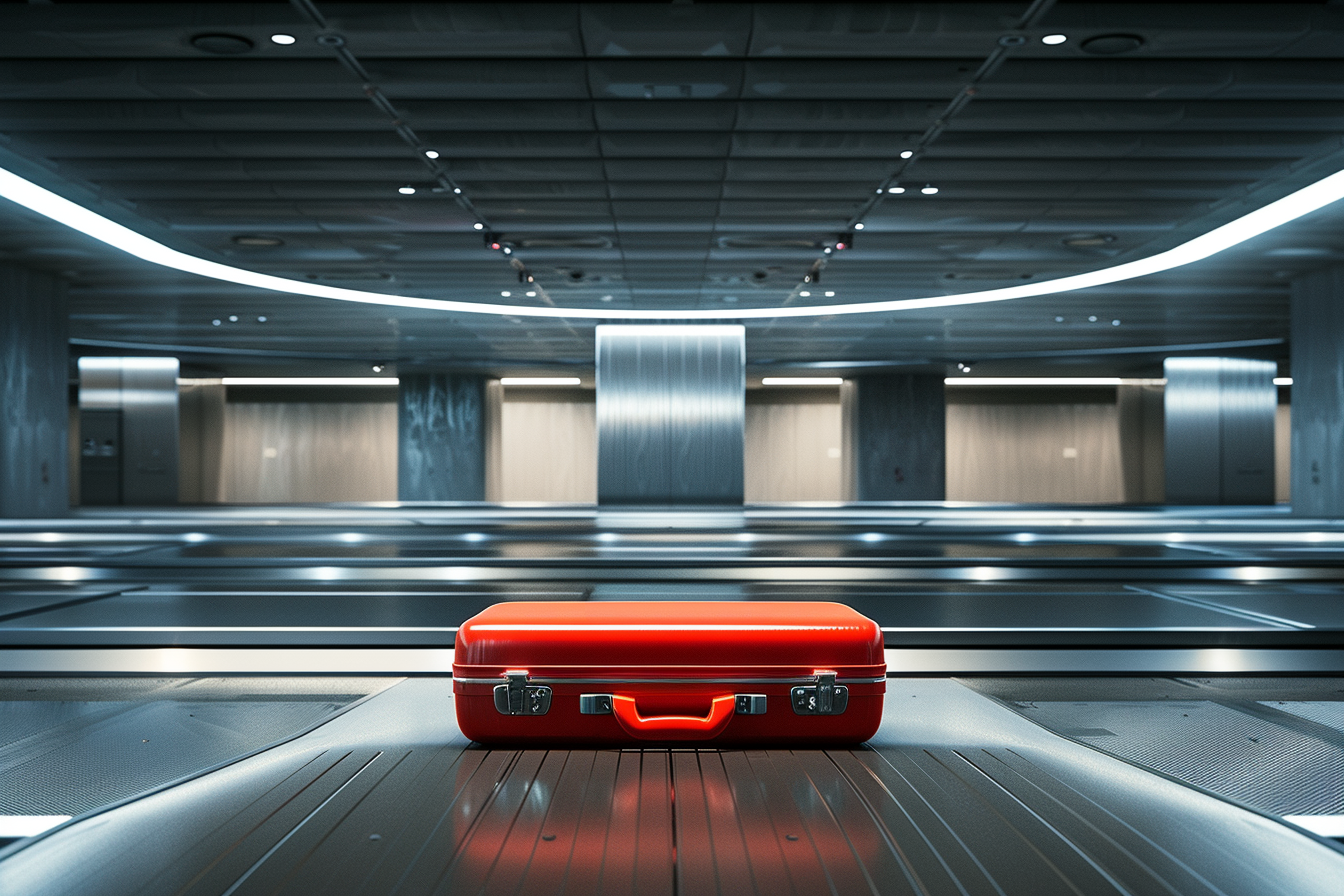 Image gratuite Valise rouge seule sur tapis roulant des égarés 1