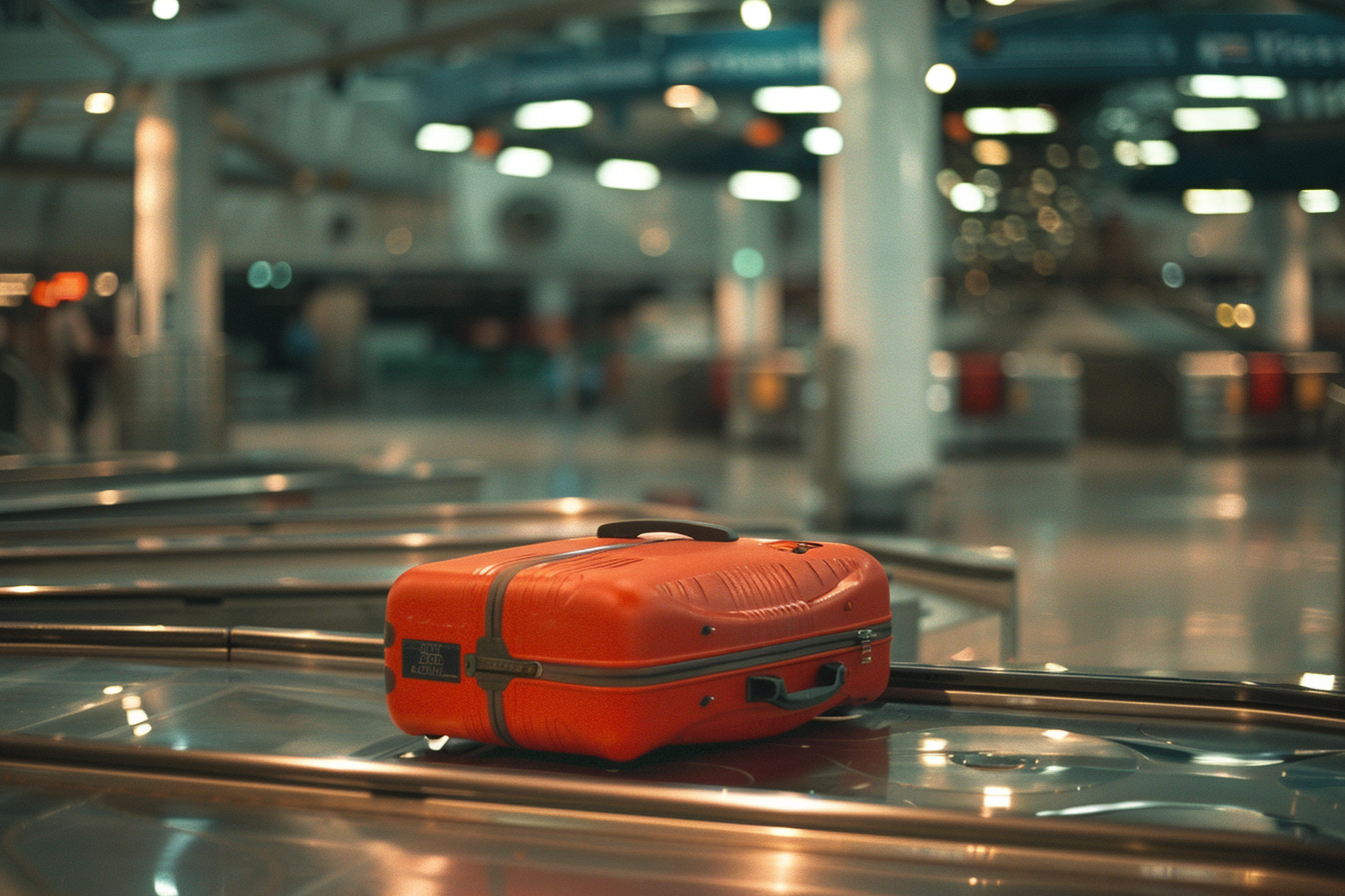 Image gratuite Valise rouge seule sur tapis roulant des égarés 2