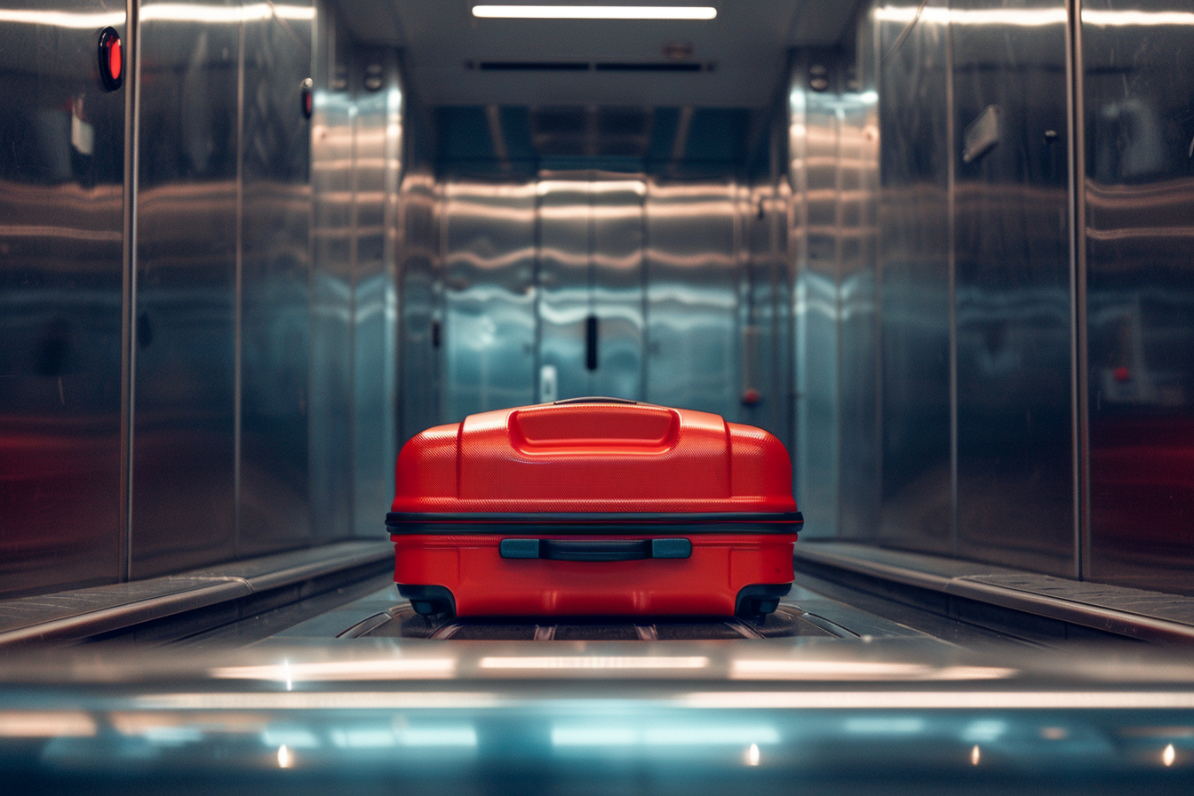 Image gratuite Valise rouge seule sur tapis roulant des égarés 3