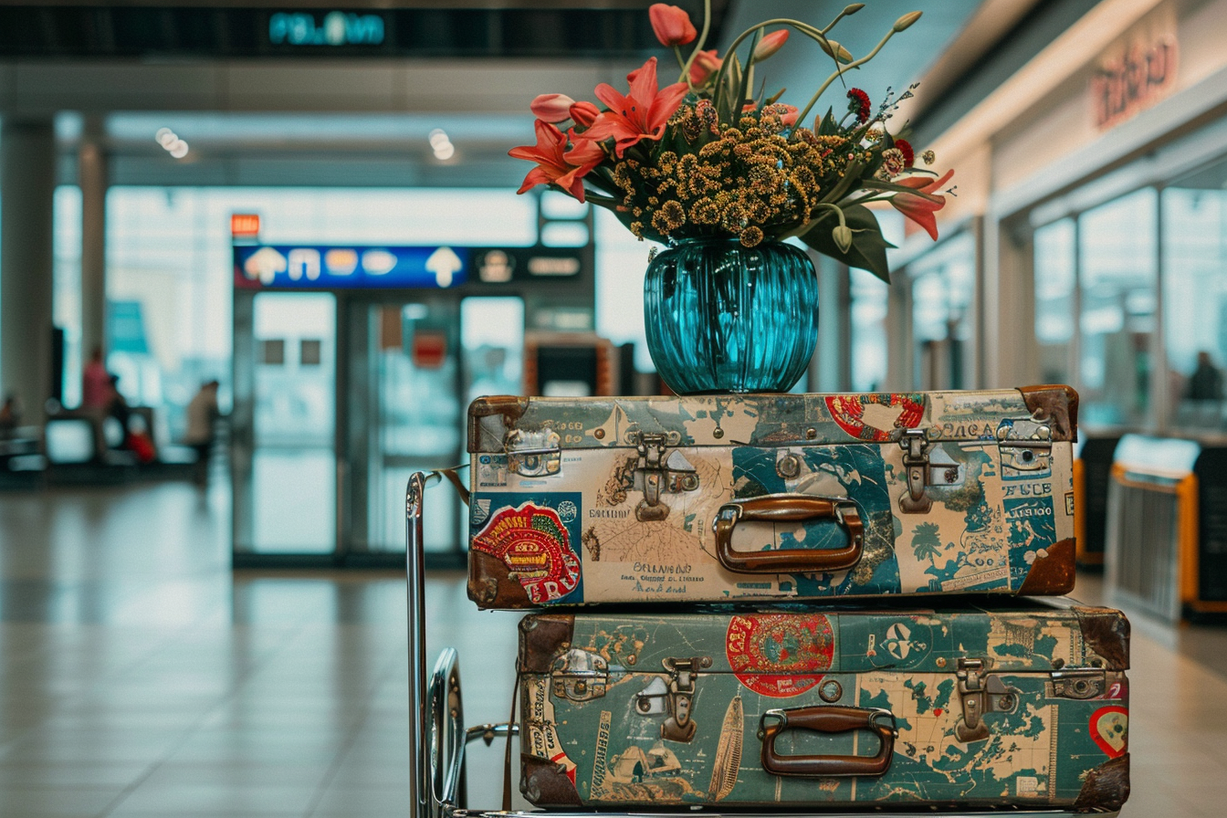 Image gratuite Valises vintage sur chariot avec vase de fleurs 1