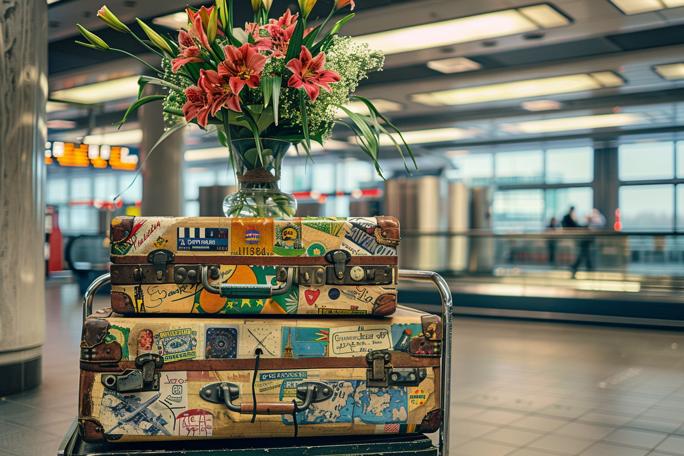 Image gratuite Valises vintage sur chariot avec vase de fleurs 2