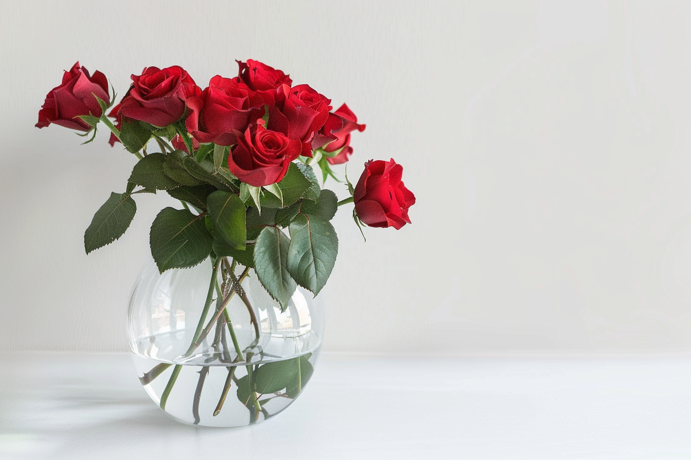 Image gratuite Vase en verre avec roses rouges sur table blanche 1