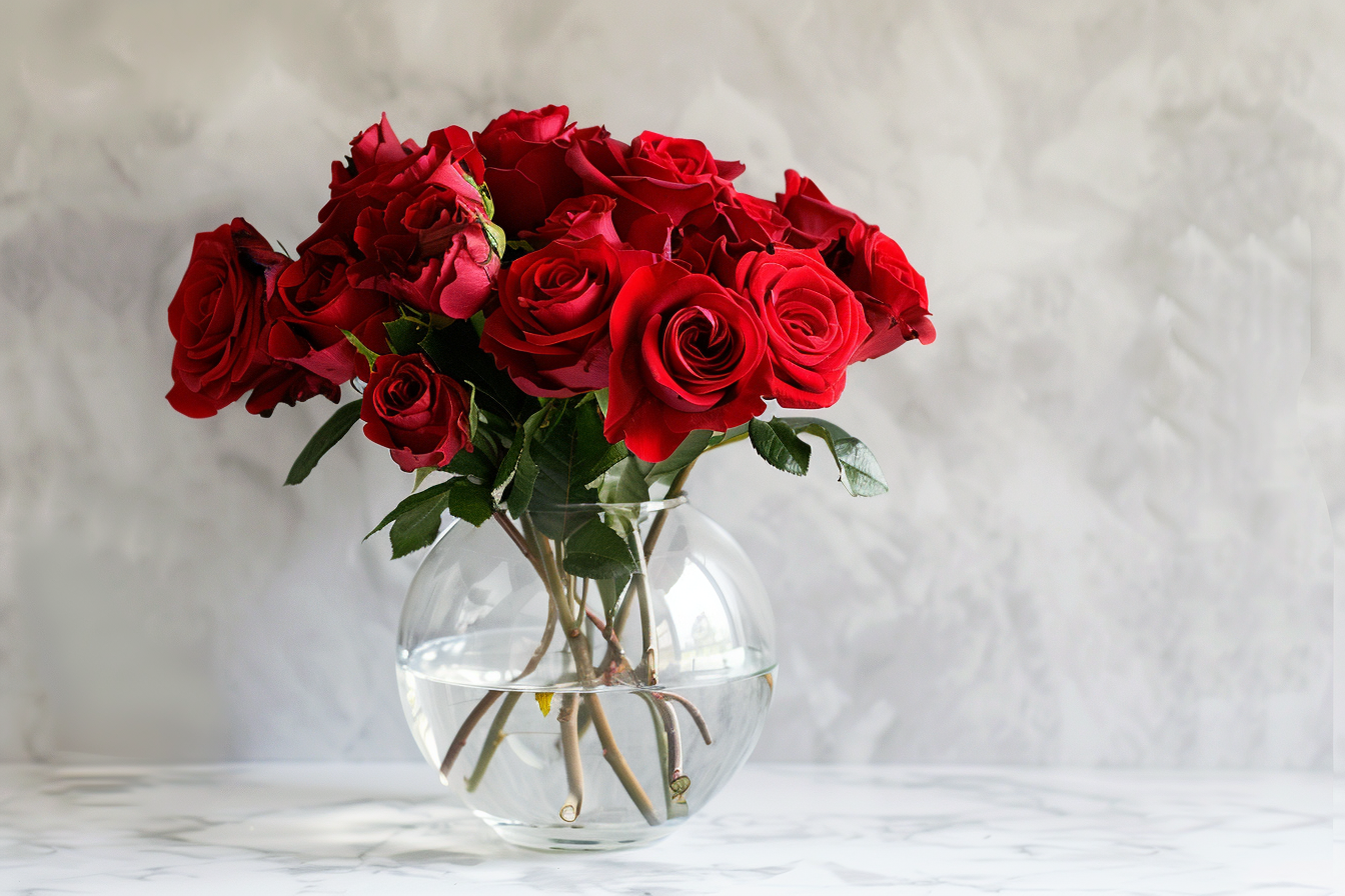 Image gratuite Vase en verre avec roses rouges sur table blanche 2