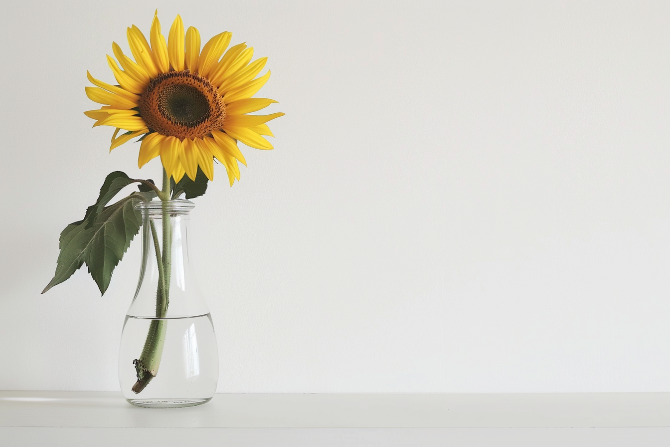 Image gratuite Vase en verre avec tournesol sur étagère blanche 1
