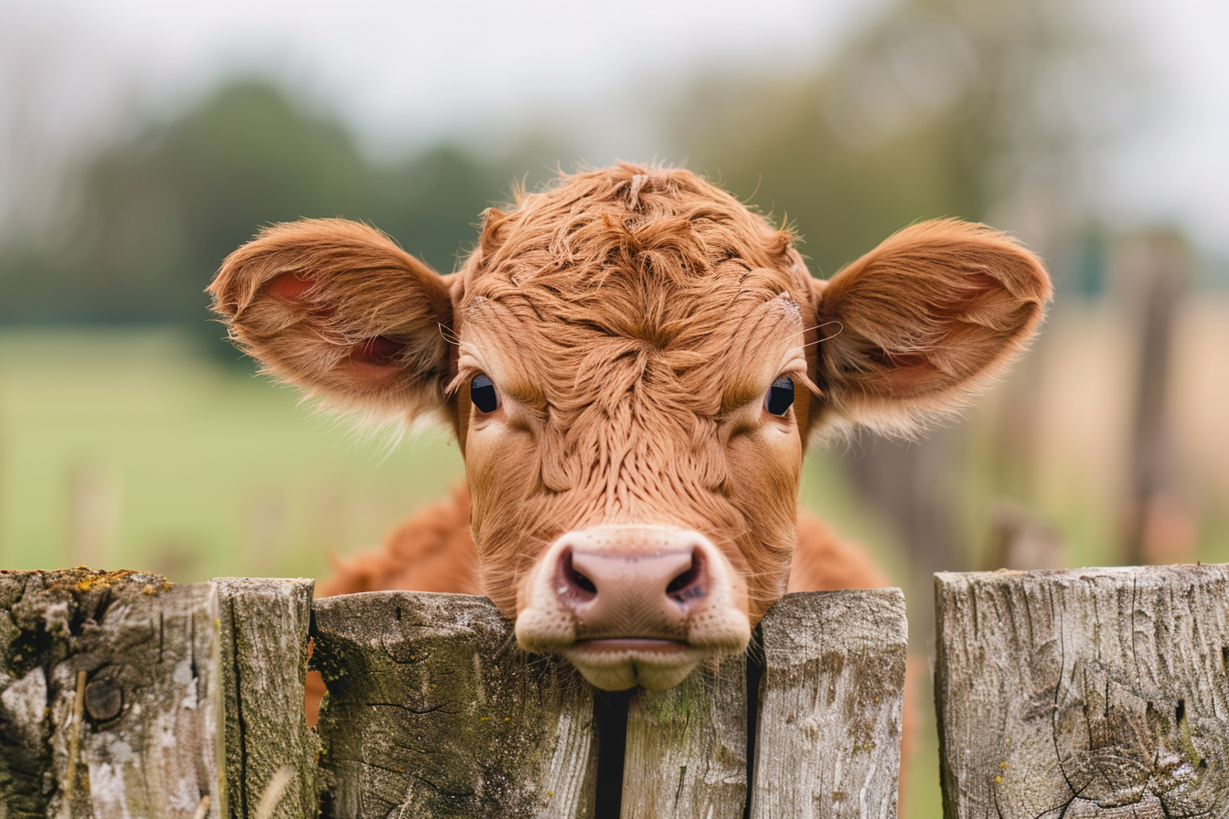 Image gratuite Veau curieux sur clôture en bois 1