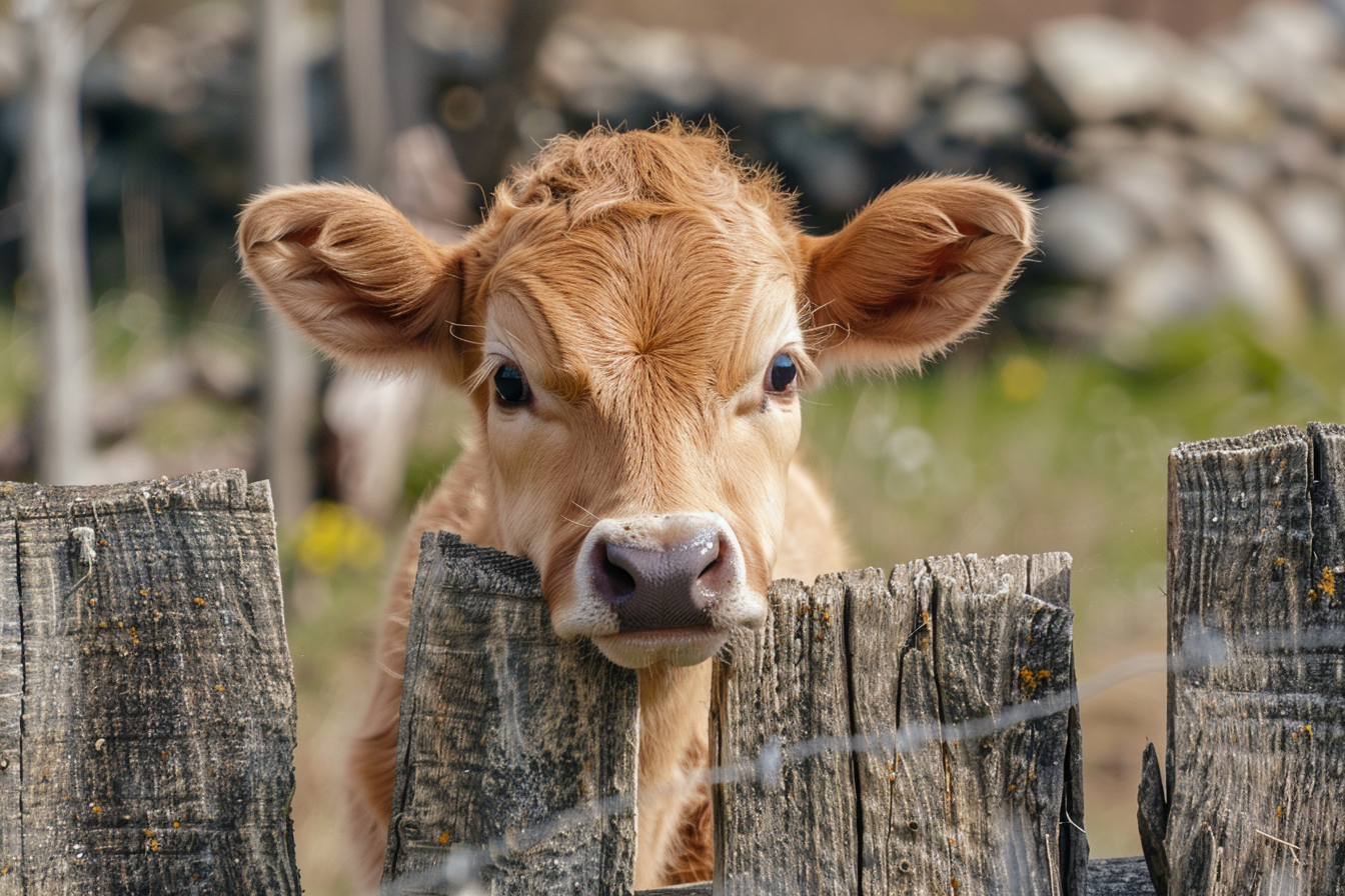 Image gratuite Veau curieux sur clôture en bois 2