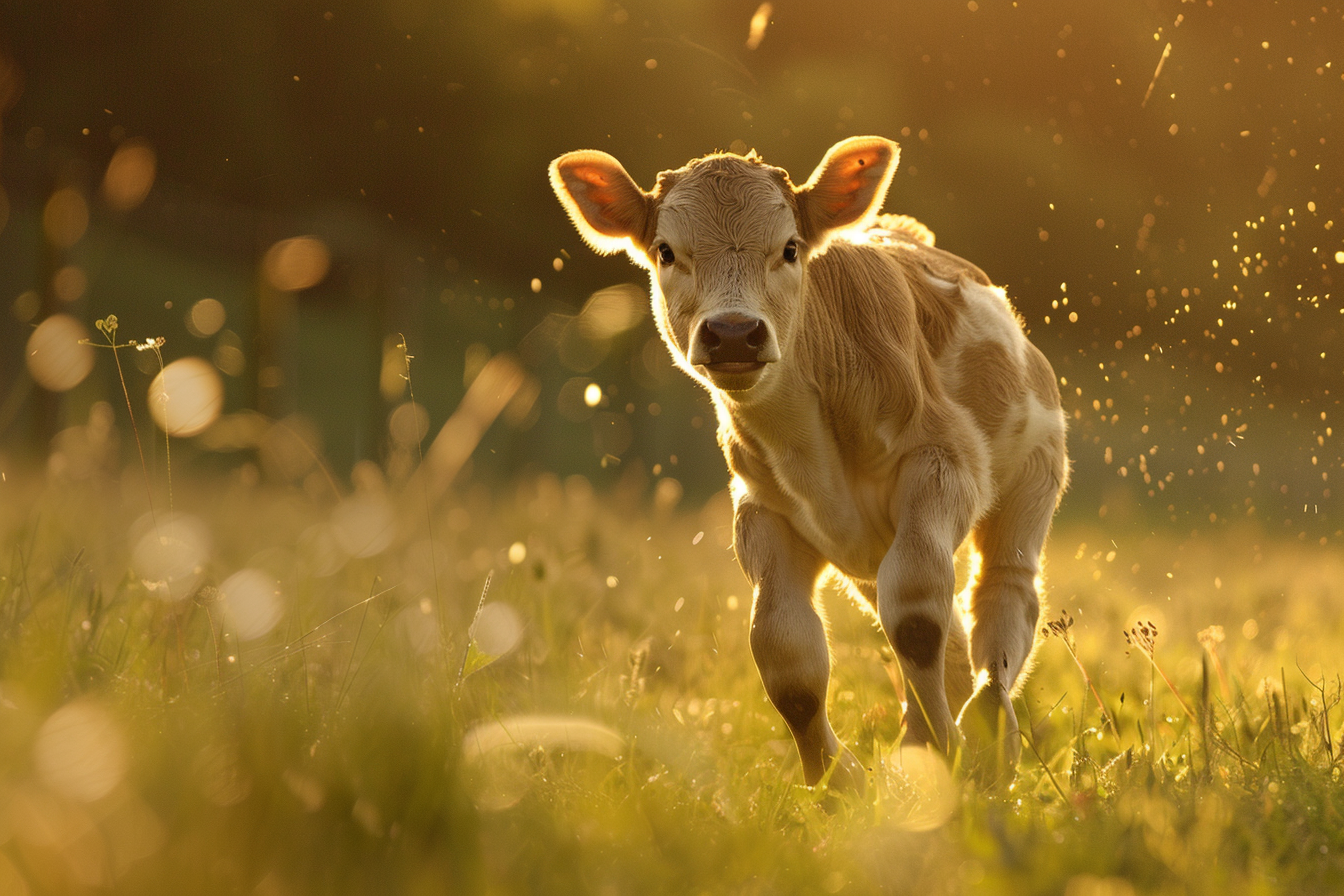 Image gratuite Veau joueur dans prairie ensoleillée 1