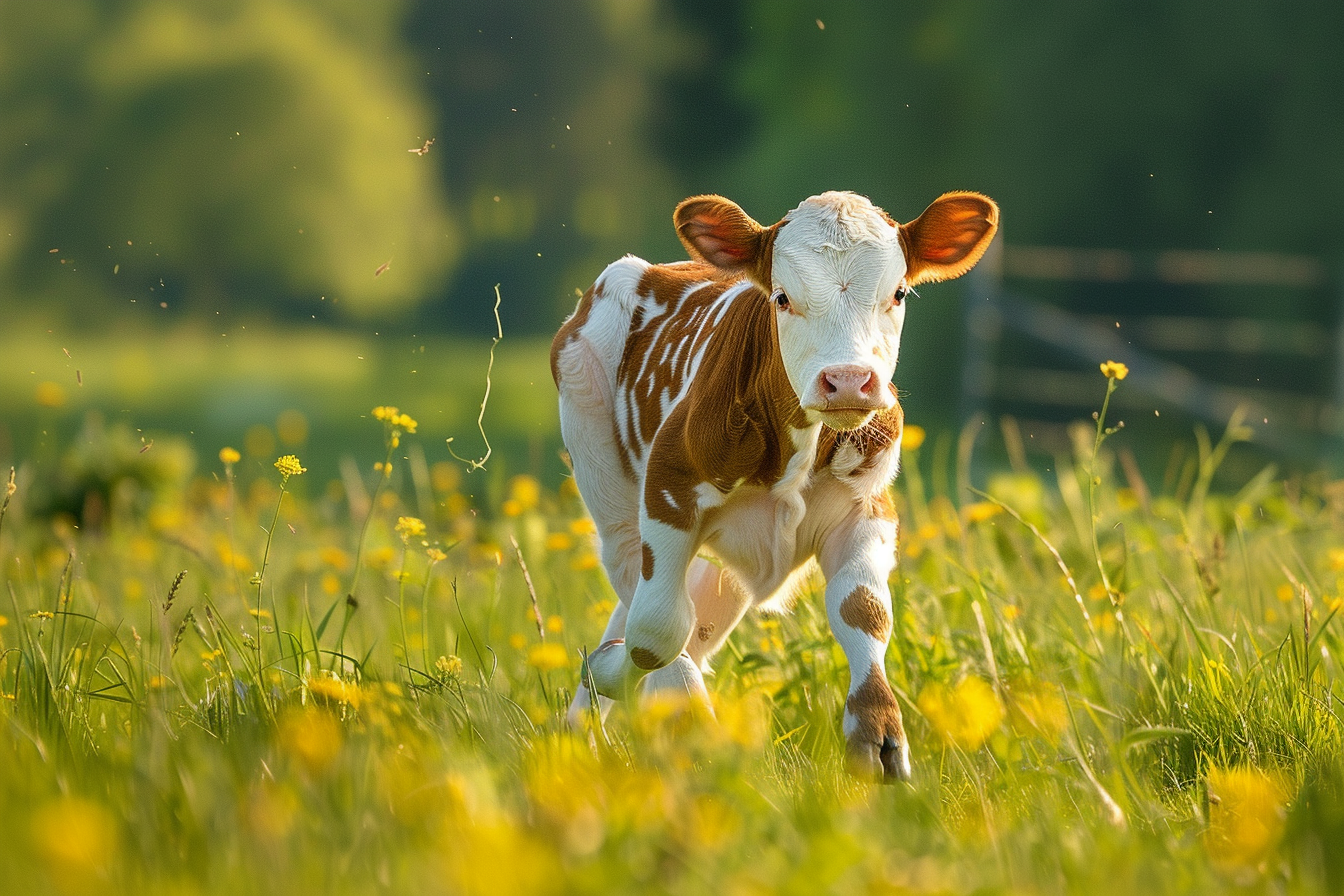 Image gratuite Veau joueur dans prairie ensoleillée 2