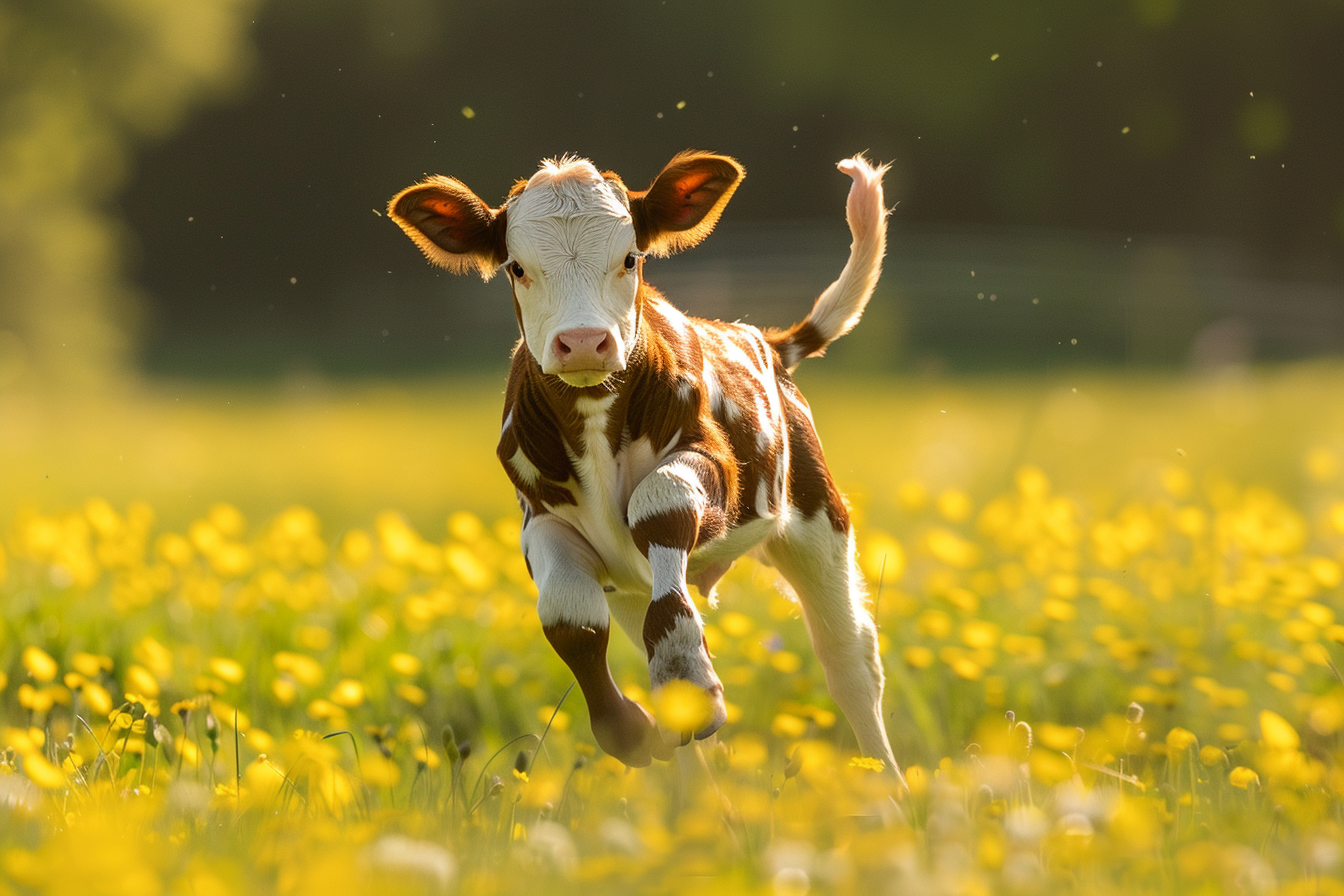 Image gratuite Veau joueur dans prairie ensoleillée 3