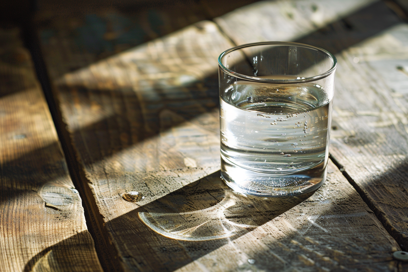 Image gratuite Verre d&rsquo;eau de source sur table rustique 1