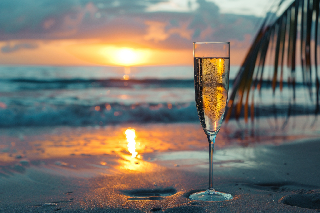 Image gratuite Verre de champagne sur une plage 1