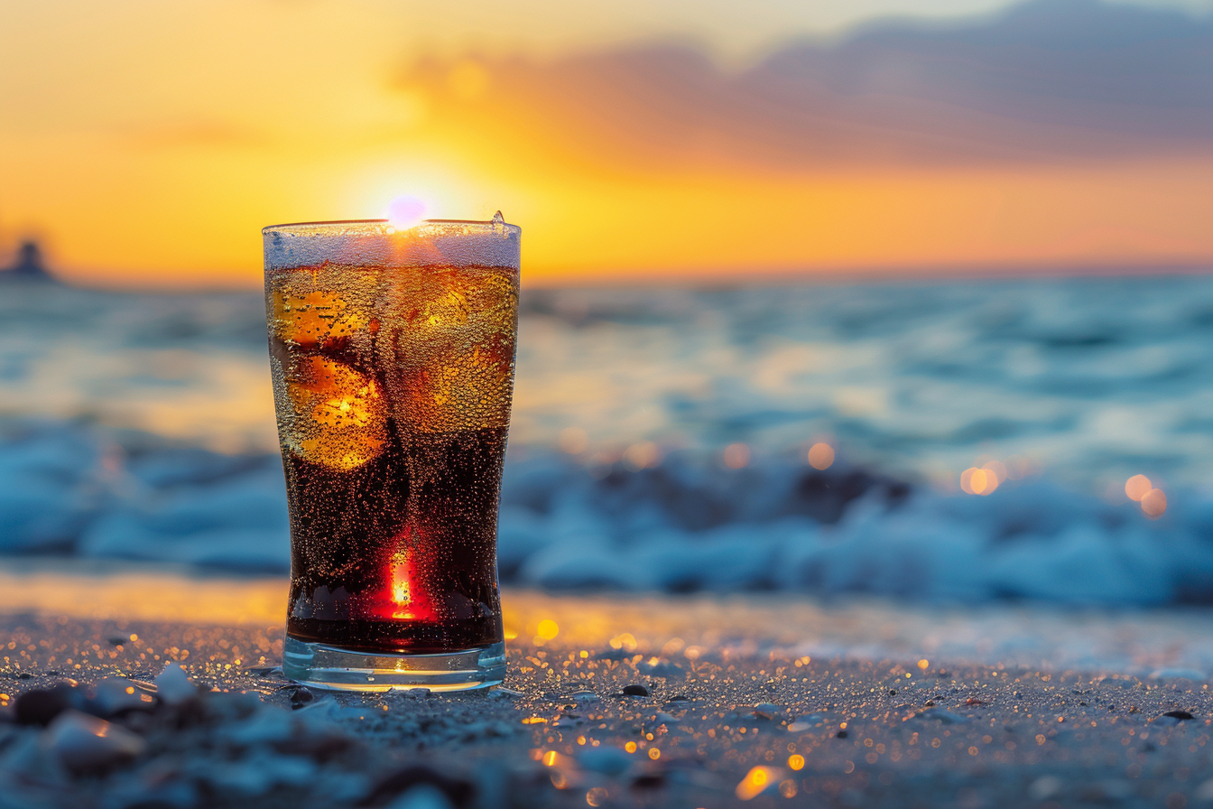 Image gratuite Verre de cola sur une plage 1