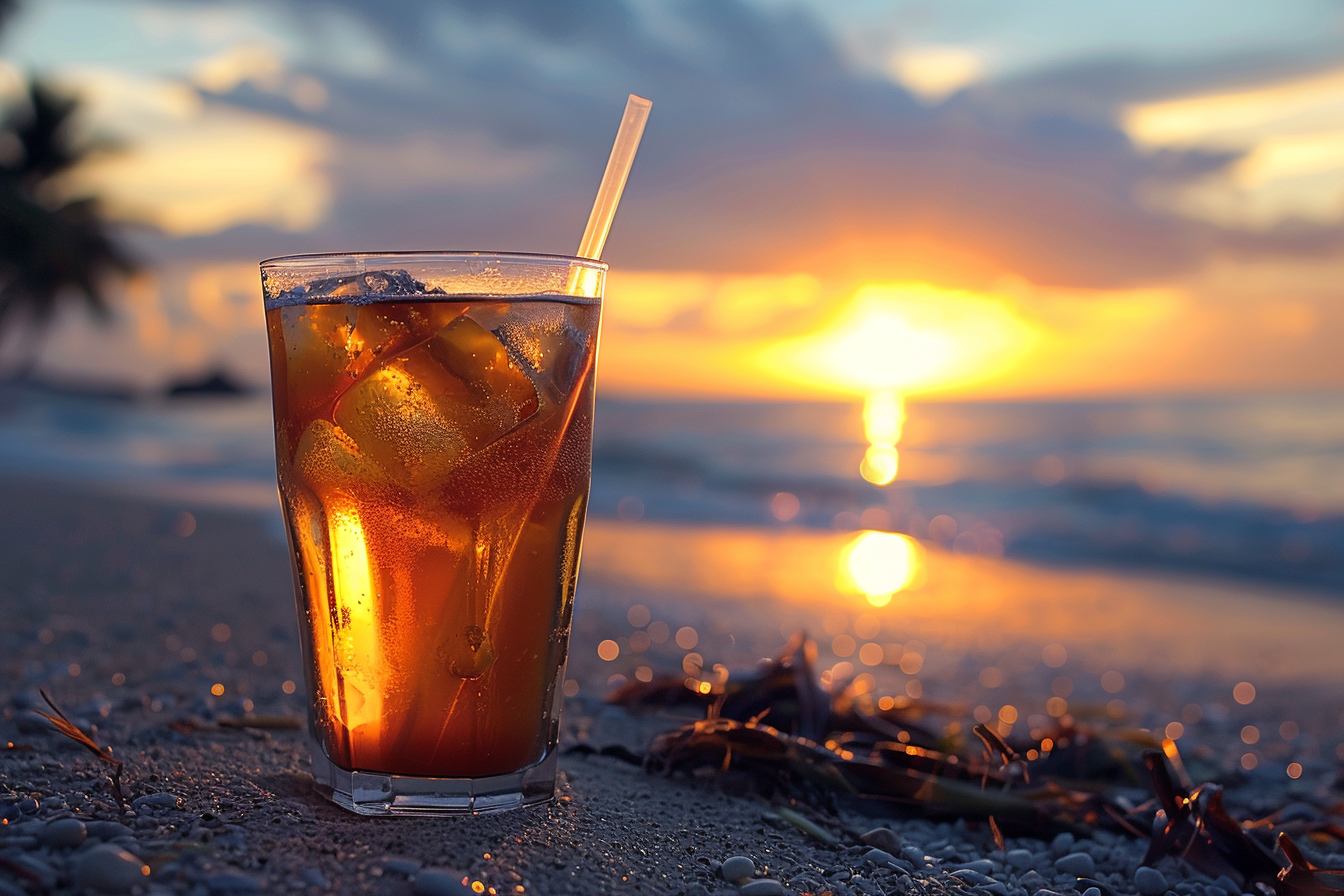 Image gratuite Verre de thé glacé sur une plage 1