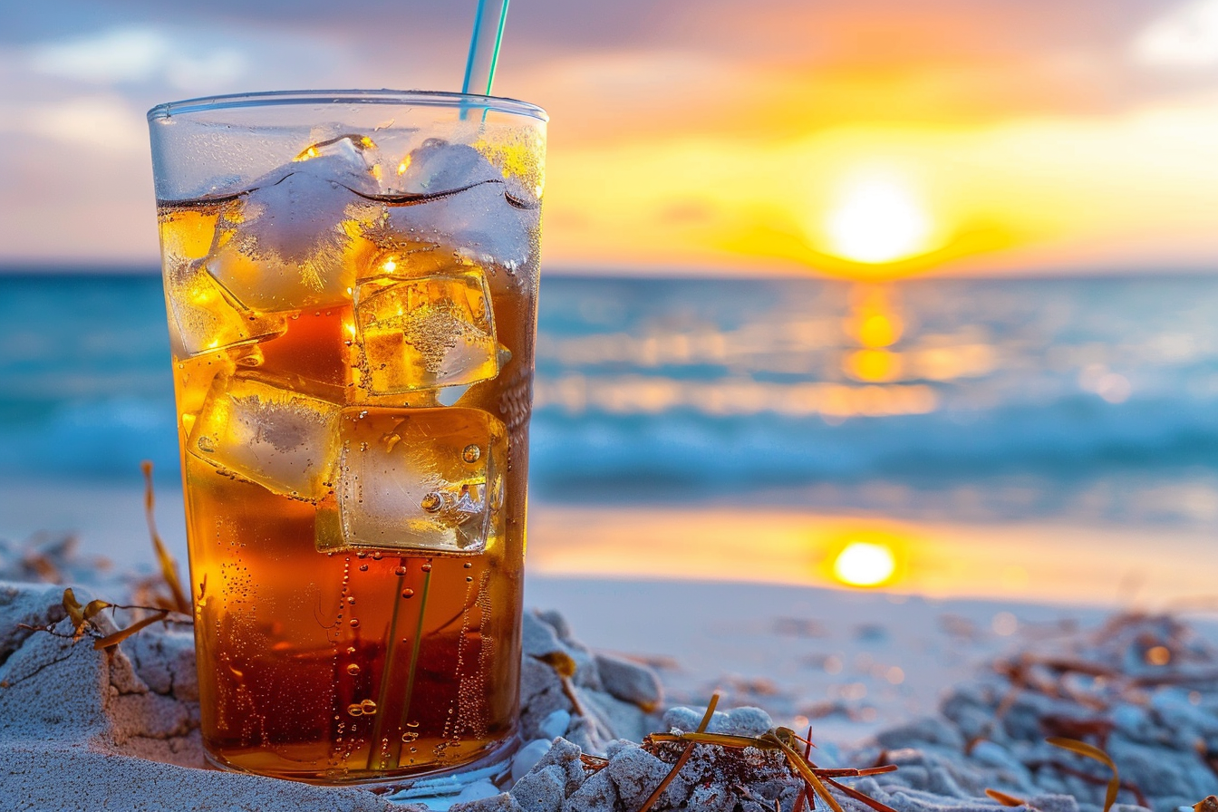 Image gratuite Verre de thé glacé sur une plage 2