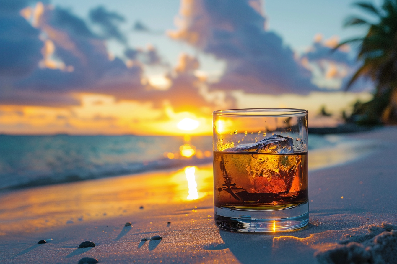 Image gratuite Verre de whisky sur une plage 1