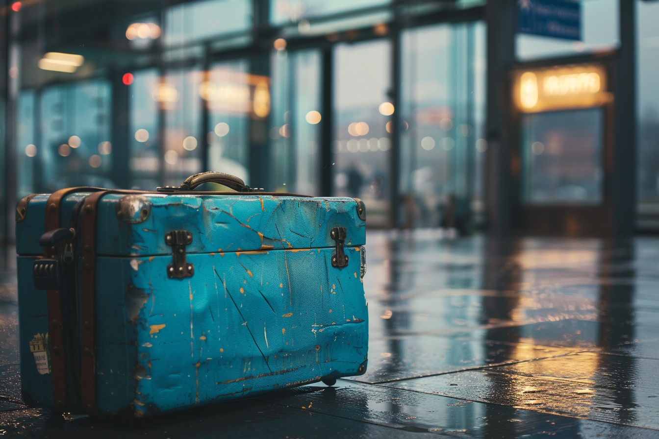 Image gratuite Vieille valise bleue usée dehors sous la pluie 1