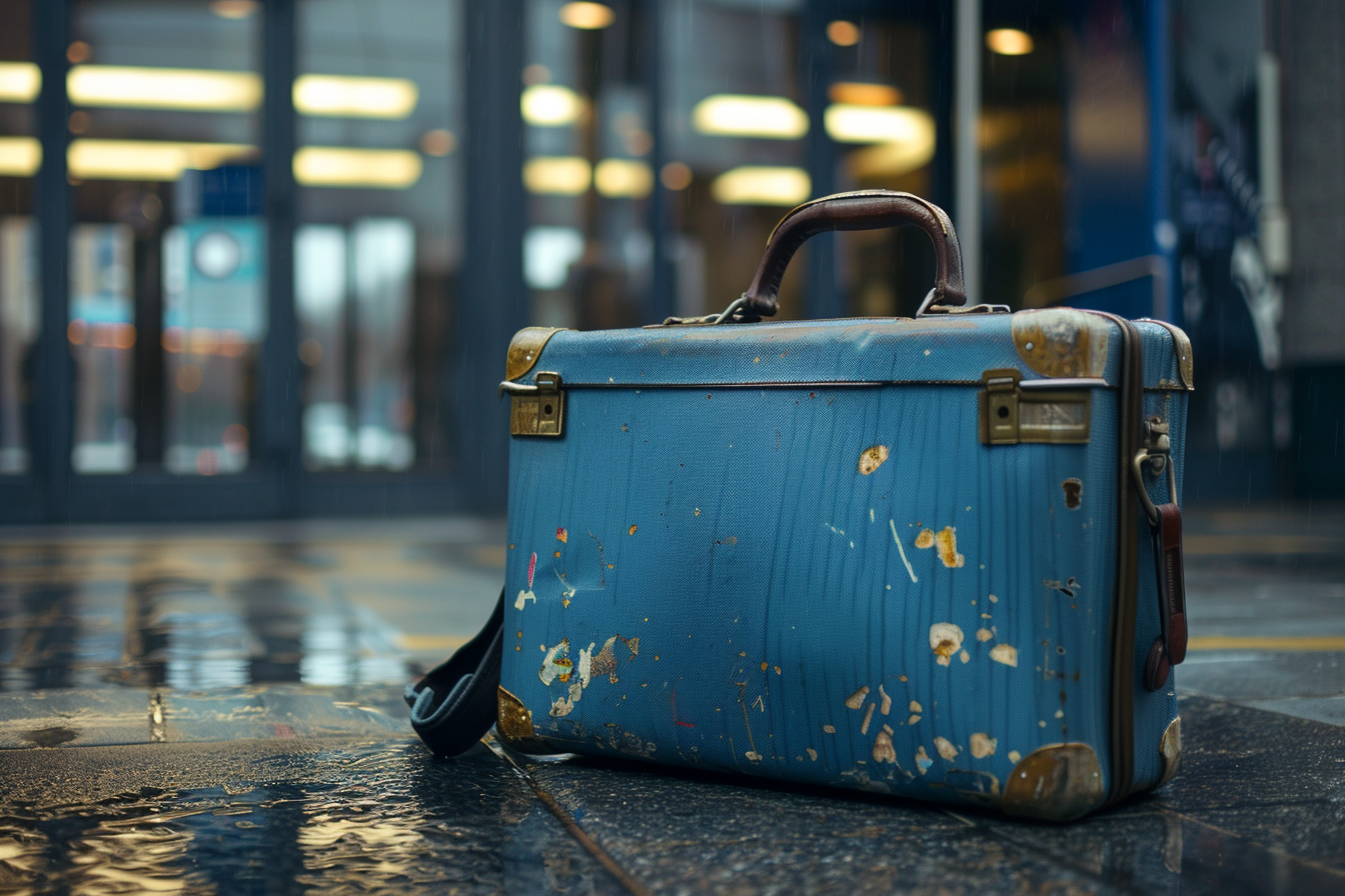 Image gratuite Vieille valise bleue usée dehors sous la pluie 2