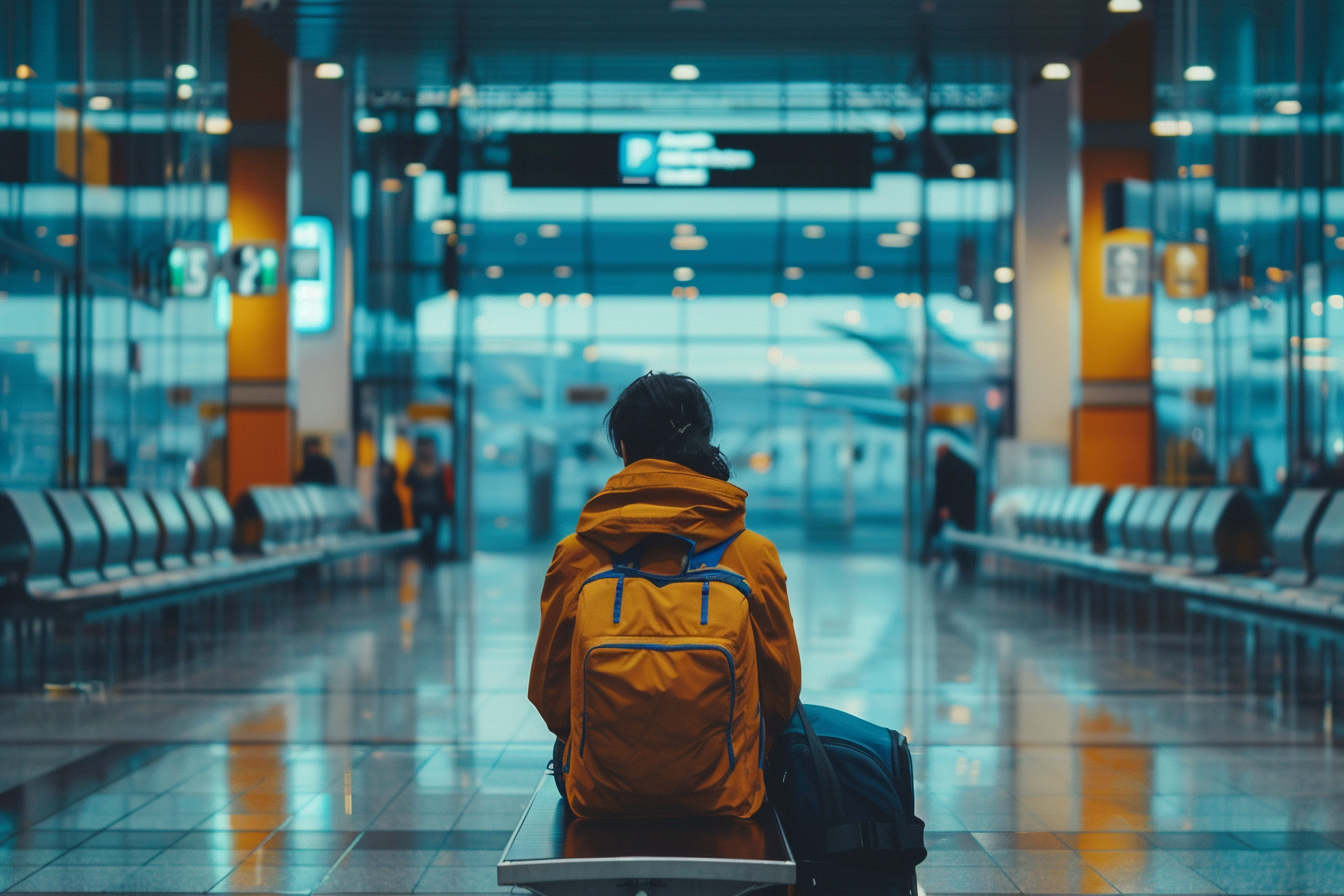 Image gratuite Voyageur fatigué sur banc à l&rsquo;aéroport vide 1