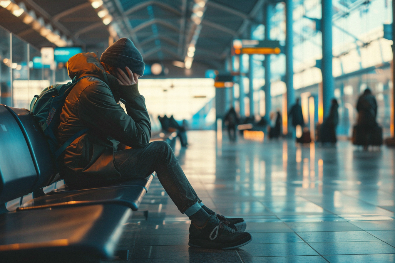 Image gratuite Voyageur fatigué sur banc à l&rsquo;aéroport vide 3
