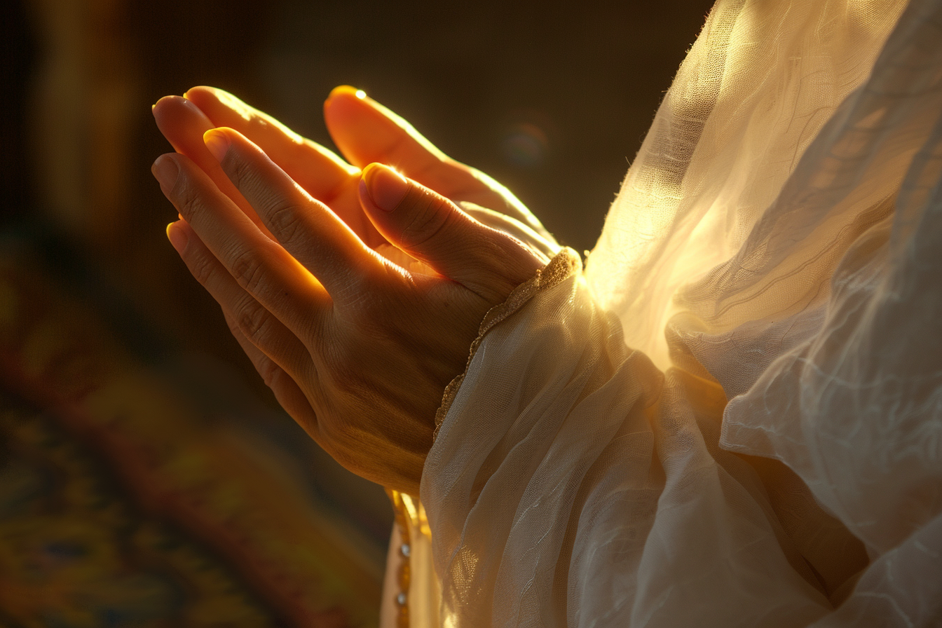 Image gratuite Vue focalisée mains femme prière, lumière dorée 1