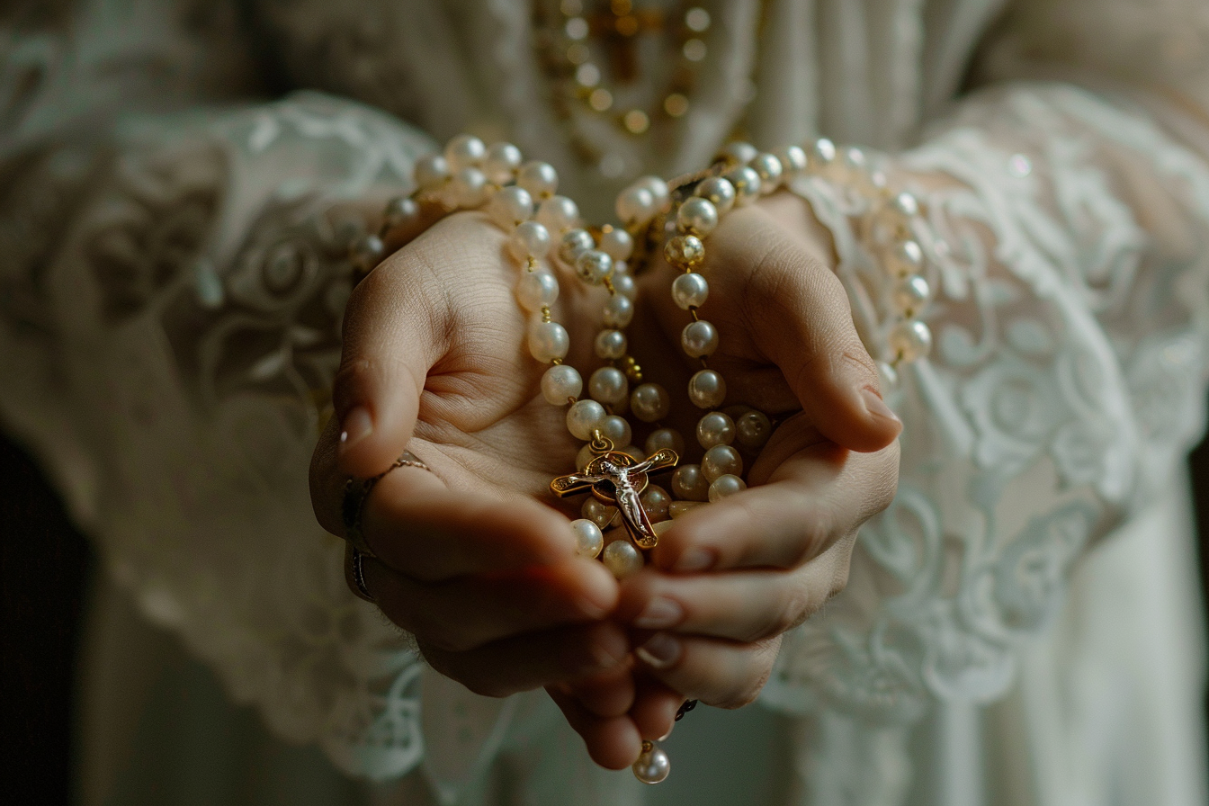 Image gratuite Vue rapprochée mains femme chapelet, lumière douce 1