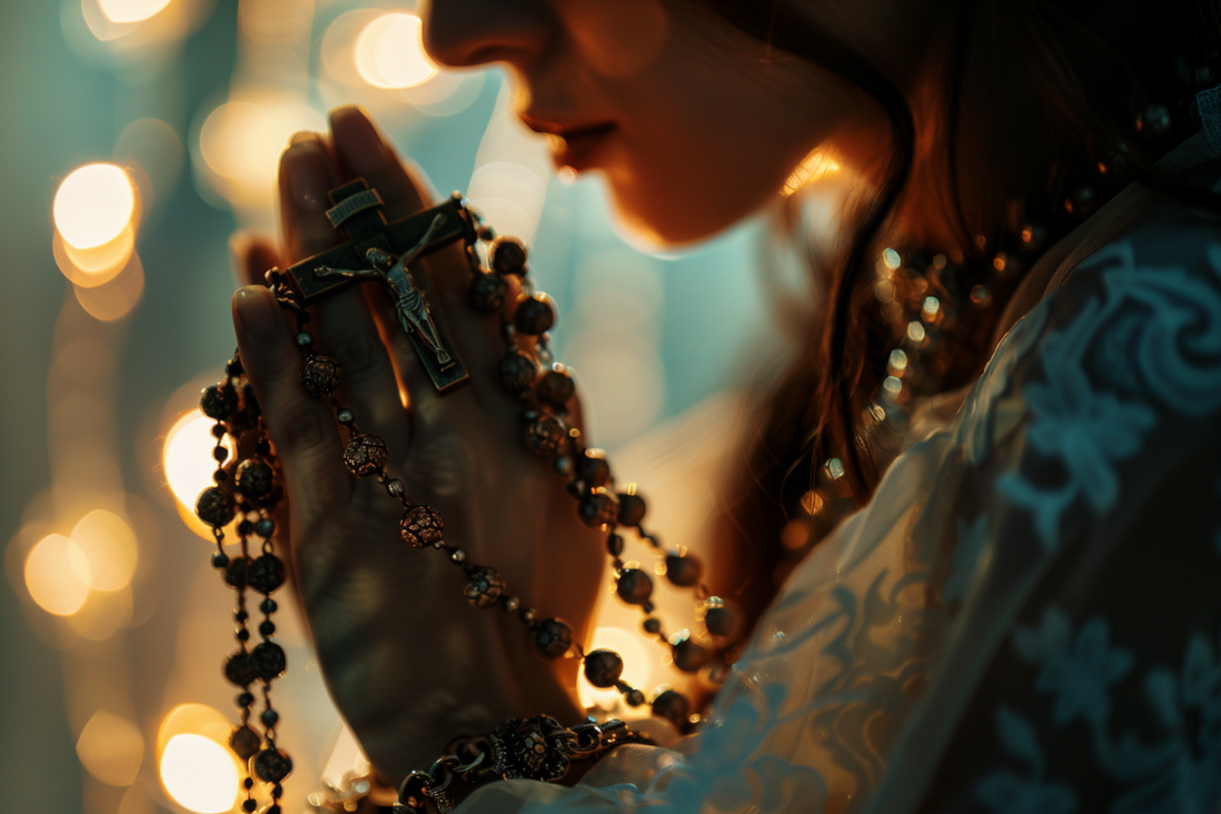 Image gratuite Vue rapprochée mains femme chapelet, lumière douce 2
