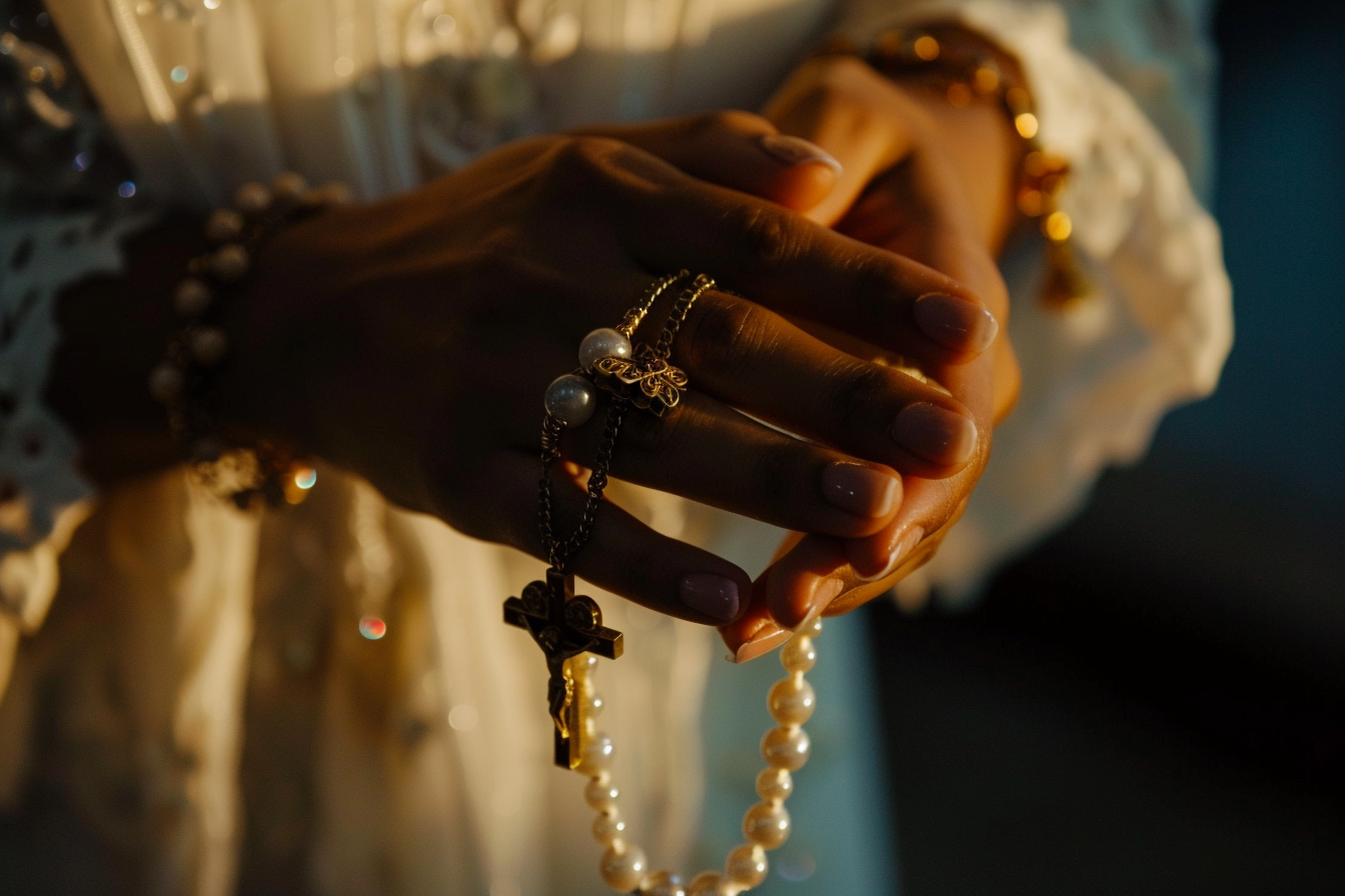 Image gratuite Vue rapprochée mains femme chapelet, lumière douce 3