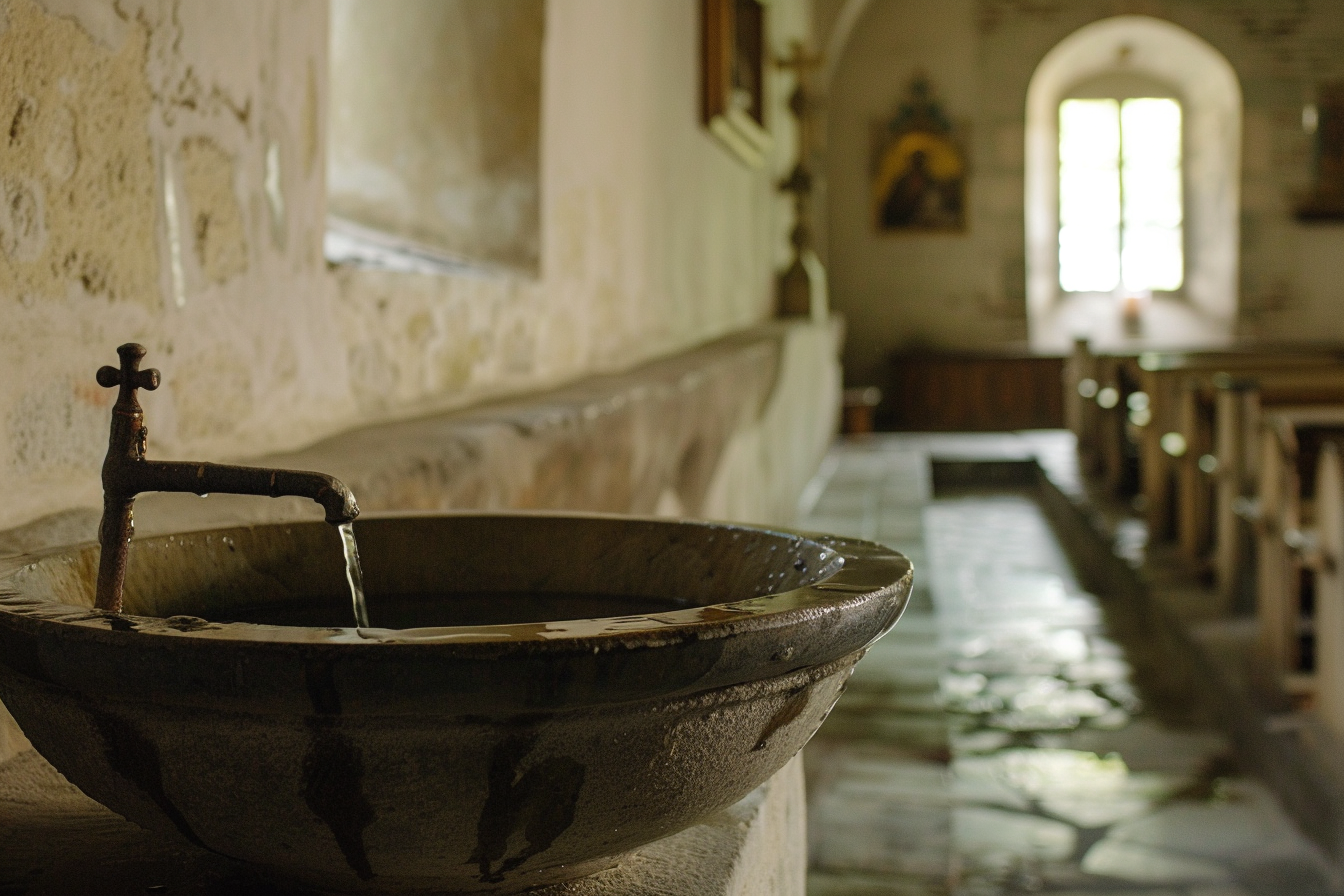 Image gratuite Vue sereine bassin eau bénite, chapelle 1